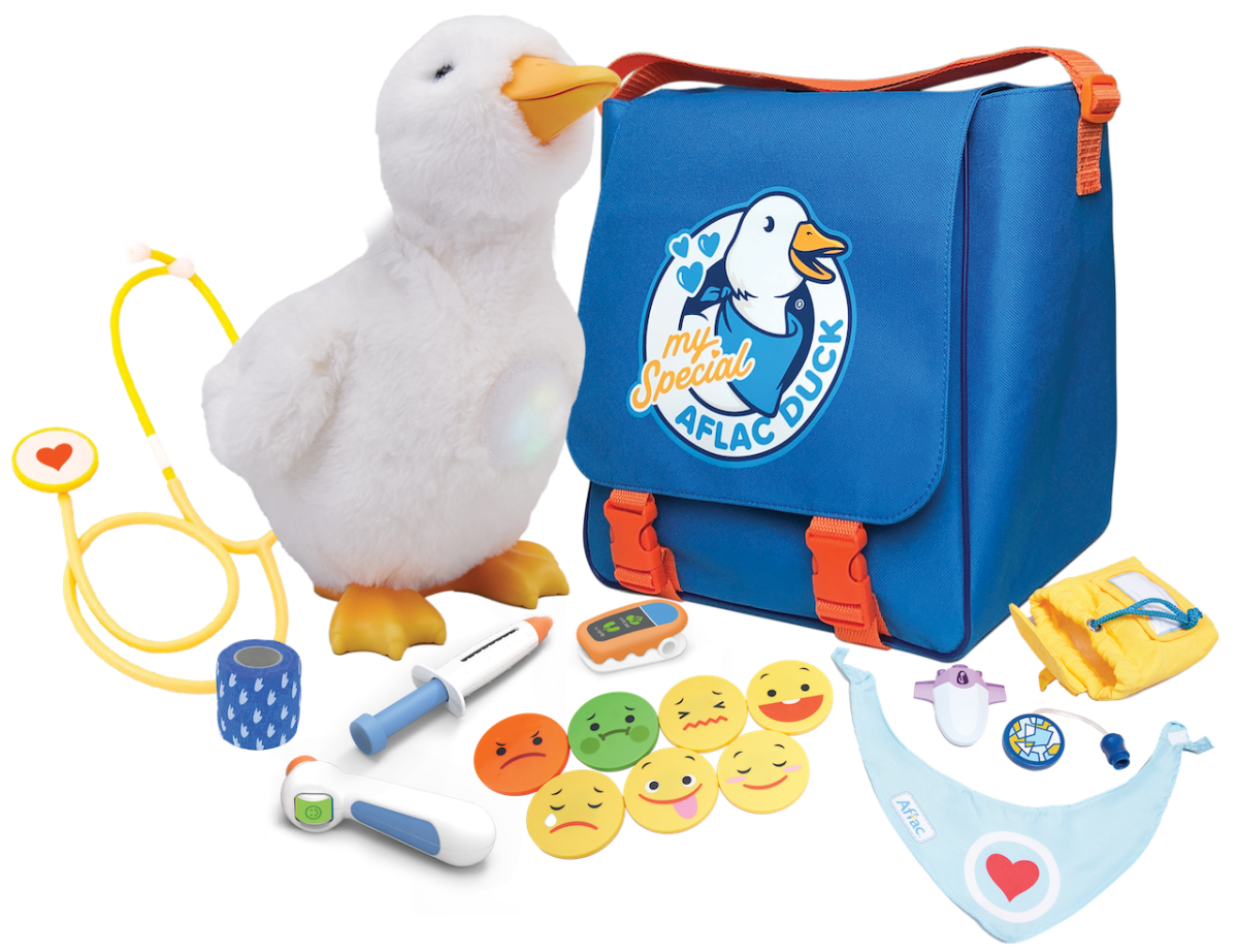 My Special Aflac Duck shown with his bag and accessories.